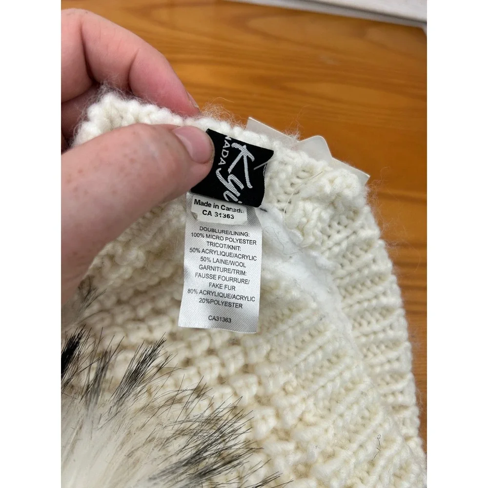 KYI KYI Beanie Hat Toddler Girls Ivory White Knit Winter Faux Fur Pom Pom